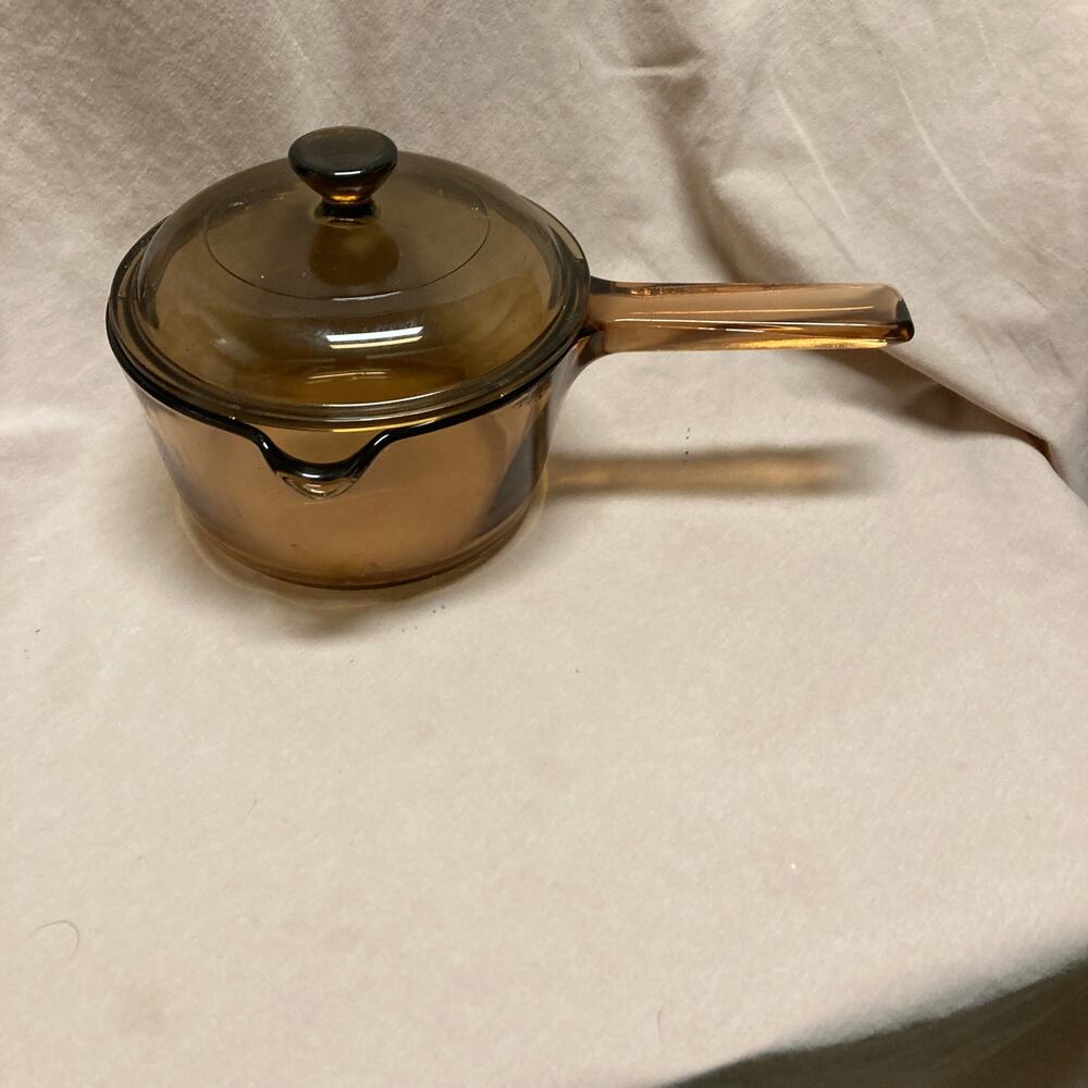 Vintagr Pyrex CORNING WARE VISIONS Amber Cookware 1 L Saucepan Lid Pot Spout V1C